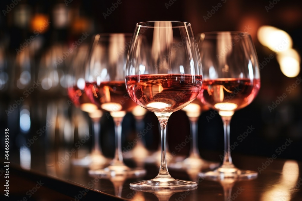 Pink wine glasses on restaurant background