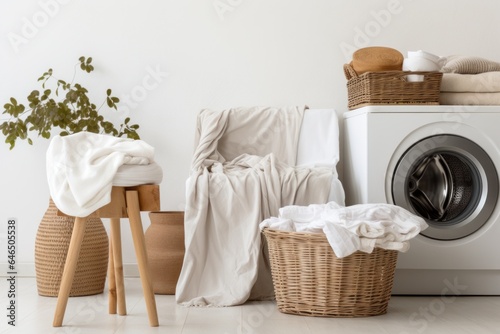 A laundry basket next to washing machine in a room