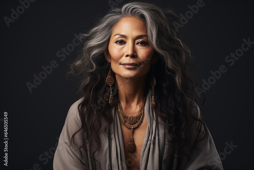senior asian woman with long gray hair on black background