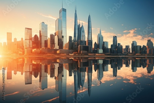 A city downtown with buildings reflecting in the sun