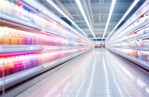 Blurred background in the main aisle of supermarket