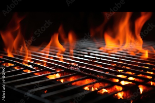 Barbecue Grill With Fire Flames, Empty Fire Grid On Black Background. Grill Background. Empty Fired Barbecue On Black.