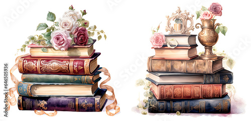 Fototapeta Naklejka Na Ścianę i Meble -  Set of watercolor rococo books with flowers, isolated on transparent background