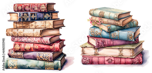 Set of watercolor rococo books, isolated on transparent background