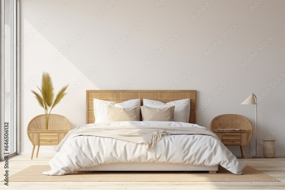 Home mockup, bedroom interior background with rattan furniture and blank wall