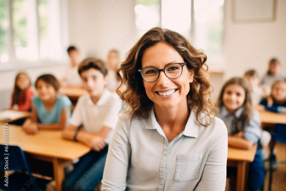 Portrait of a teacher smiling in a classroom