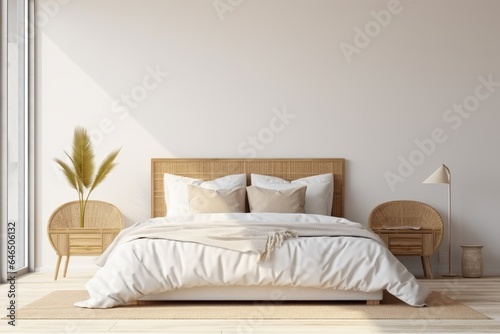 Home mockup  bedroom interior background with rattan furniture and blank wall