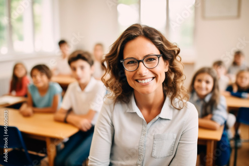 Portrait of a teacher smiling in a classroom