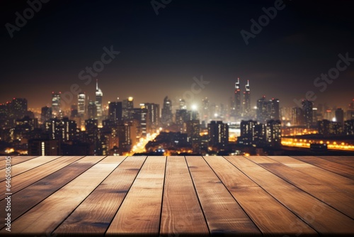 Wood table top with blurred abstract background of city night lights downtown city view. Wooden table with blur background of cityscape