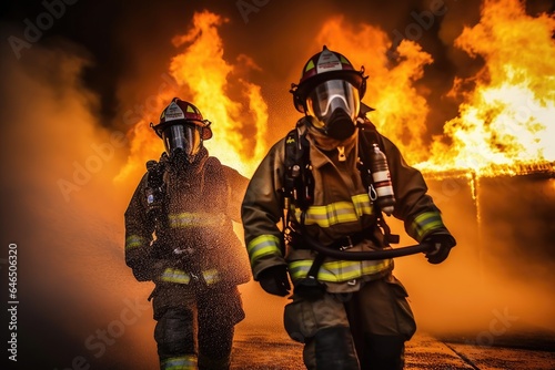 Fireman using water and extinguisher to fighting with fire flame in an emergency situation, Under danger situation all firemen wearing fire fighter suit for safety