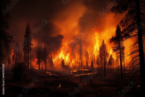 Intense flames from a massive forest fire. Flames light up the night as they rage thru pine forests and sage brush photo