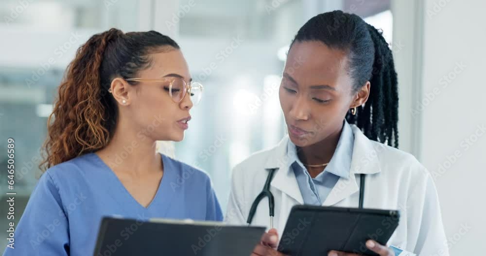 Doctors, team checklist and tablet for medical charts, hospital schedule and planning admin for workflow. Healthcare nurse and women on digital tech, documents or folder of clinic or data comparison Doctors, team checklist and tablet for medical charts, hospital schedule and planning admin for workflow. Healthcare nurse and women on digital tech, documents or folder of clinic or data comparison