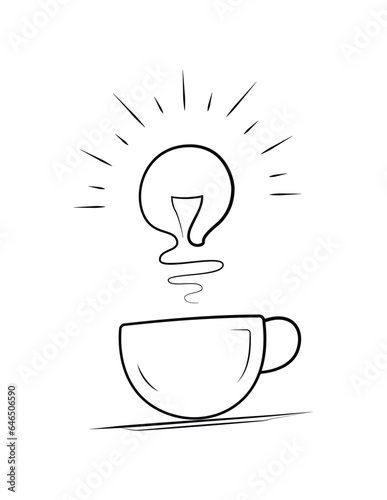 Coffee cup illustration, doodle of a coffee cup and the smoke looks like a bulb, idea generation productivity with coffee