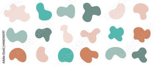 Simple organic fluid shape set. Amoeba blobs of different pastel colors. Art form for social media posts, branding, banners. Vector illustration.