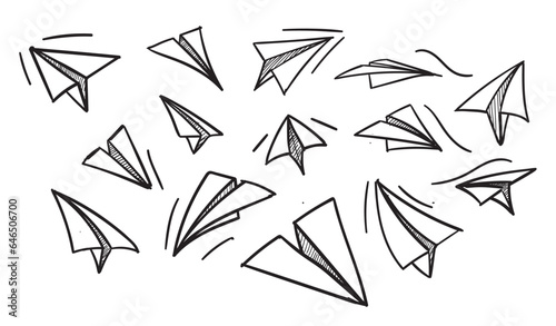 Paper plane doodle, set of hand drawn origami airplane doodle. outlined illustration, travel concept sign symbols, doodle background
