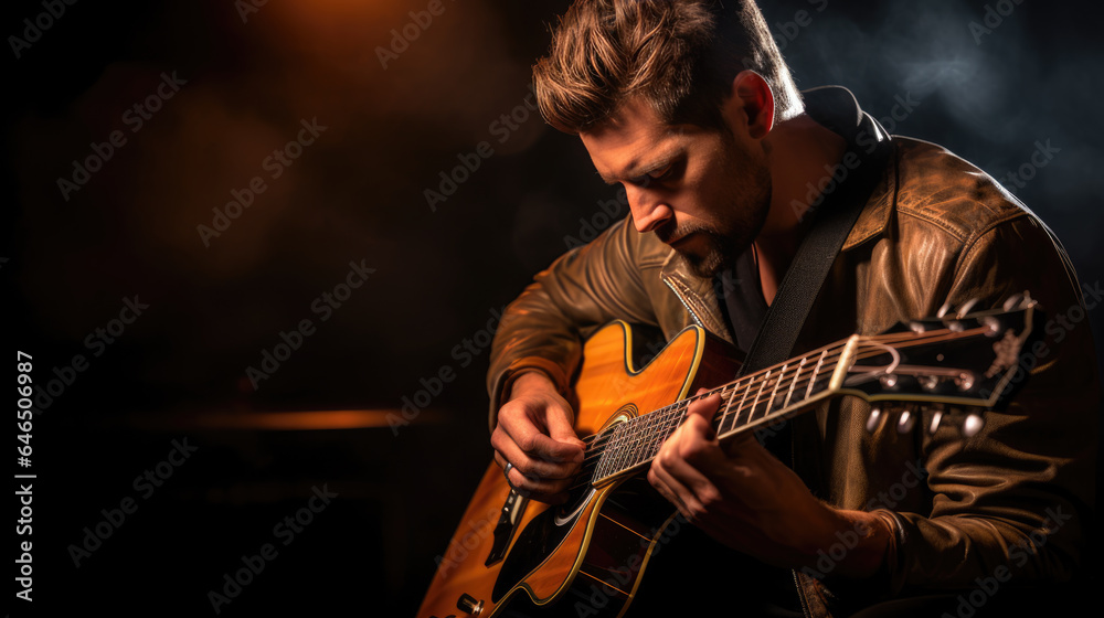 Obraz premium Male musician playing guitar at a rock concert