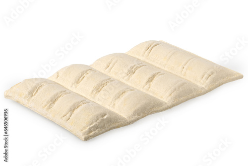 Uncooked frozen filled puff pastries isolated on white.