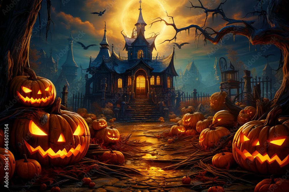 A glowing pumpkin on a creepy night against the background of an old house. Happy Halloween A glowing pumpkin on a creepy night against the background of an old house. Happy Halloween
