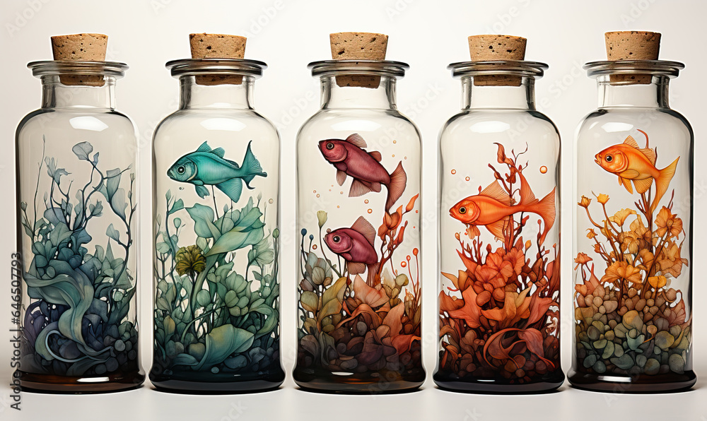 Watercolor, glass bottles with fish, on a white background.