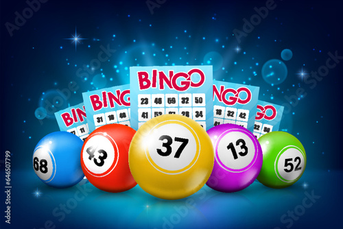 Lottery balls and bingo tickets. Gamble jackpot win, bingo game luck opportunity or gambling lottery lucky bet vector background. Casino lotto fortune chance realistic backdrop with tickets and balls