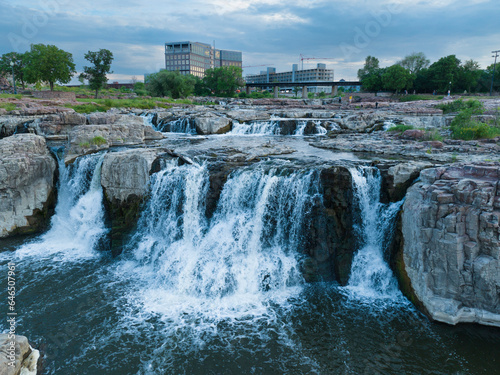 waterfall in the park. Drone picture over Falls Park in Sioux Falls, SD. 