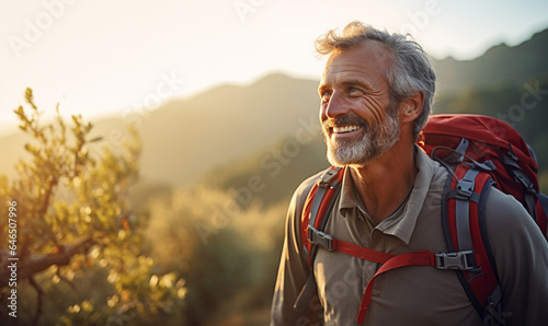 Male hiker traveling, walking alone Italian Tuscan Landscape view under sunset light, man traveler enjoys with backpack hiking in mountains. Travel, adventure, relax, recharge concept.