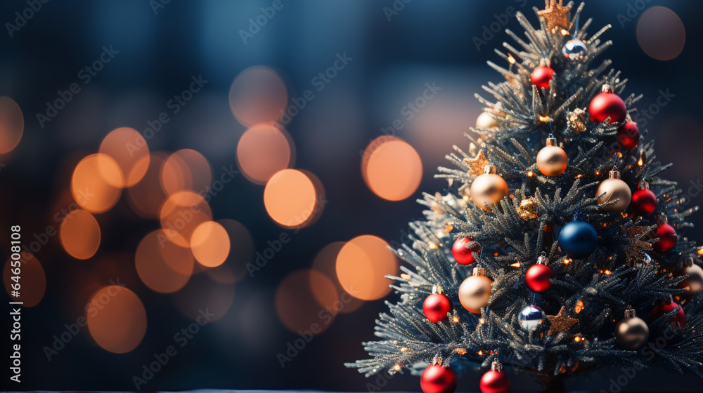 Close up of lighted Christmas tree Ornament, winter holidays decoration, copy Space, greeting card