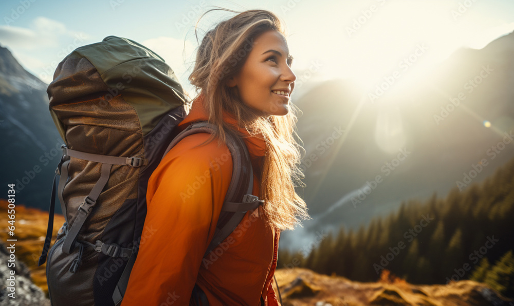 Female hiker traveling, walking alone Italian Dolomites under sunset light. Woman traveler enjoys with backpack hiking in mountains. Travel, adventure, relax, recharge concept.