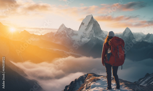 Woman hiker traveling, walking in mountains under sunset light. Female traveler enjoys with backpack hiking in mountains. Travel, adventure, relax, recharge concept.