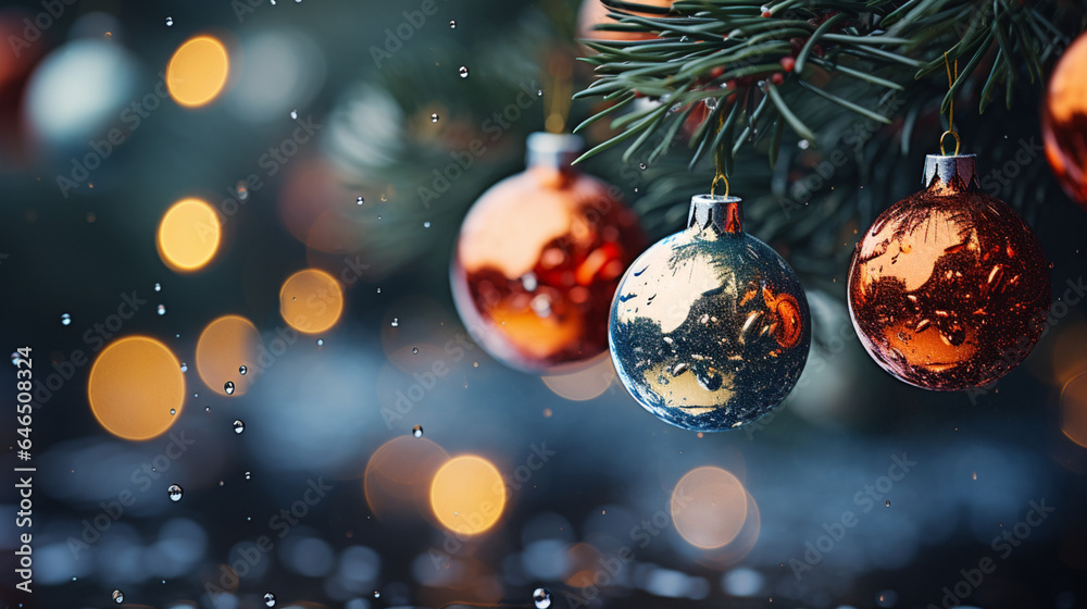 Close up of lighted Christmas tree Ornament, winter holidays decoration, copy Space, greeting card Close up of lighted Christmas tree Ornament, winter holidays decoration, copy Space, greeting card