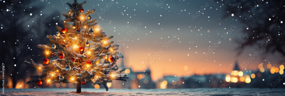Close up of lighted Christmas tree Ornament, winter holidays decoration, copy Space, greeting card Close up of lighted Christmas tree Ornament, winter holidays decoration, copy Space, greeting card