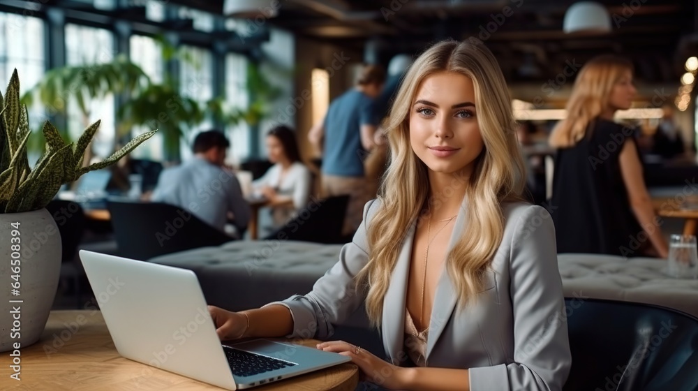 Businesswomen work with laptop. AI generated image