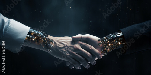Human shaking humanoid's hand. Person's and robot's hands. Artificial Intelligence and people concept © Elena