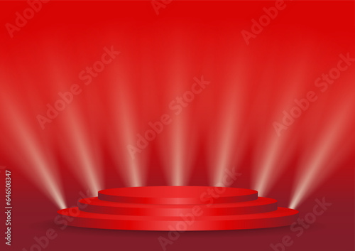 Stage Podium Illuminated with Spotlights for Award Ceremony, Product or Cosmetic Presentation or Event Exhibition. Vector Illustration.