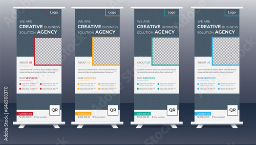 Business Roll Up Banner stand vector creative design. Sale banner stand or flag design layout. Modern Exhibition Advertising vector eps10. Trend design geometric.	
