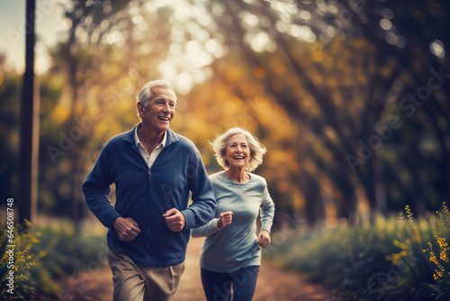 Happy elderly couple in their 70s running outdoors. Modern aging and older adult doing sports © nobeastsofierce