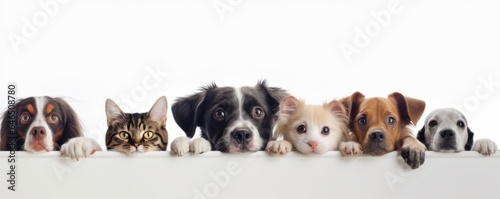 Dogs and Cats, peeking over the clear solid white top line, petshop banner, happy, smile, funny. Generative AI image weber.
