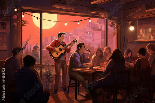 Cozy evening in a cafe. Live music. Guitar evening in a restaurant. AI generated