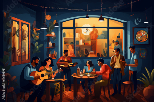 Cozy evening in a cafe. Live music. Guitar evening in a restaurant. AI generated