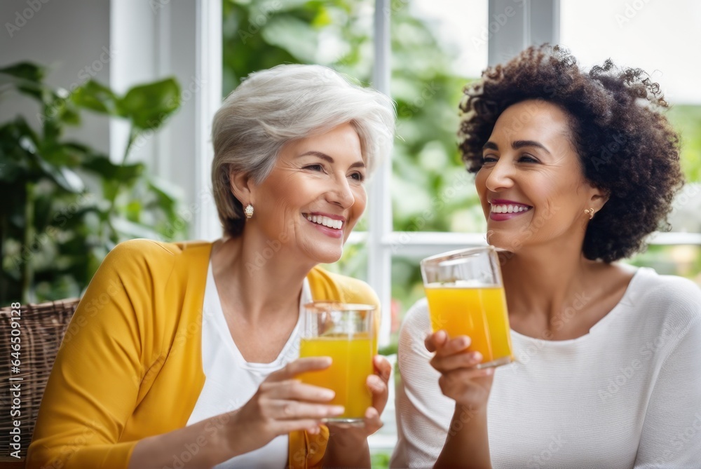 Happy positive Wife and Aunt drinking apple juice in conservatory, holding glasses, keeping healthy hydration, diet, lifestyle, . Caring for family health, wellbeing Happy positive Wife and Aunt drinking apple juice in conservatory, holding glasses, keeping healthy hydration, diet, lifestyle, . Caring for family health, wellbeing