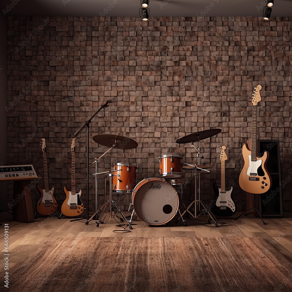 Fototapeta premium Empty wooden music recording studio with guitar and music equipment. AI generated