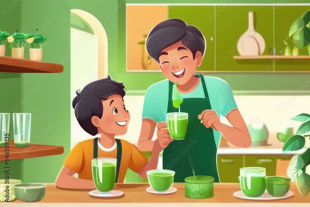 Happy positive Son and Grandson drinking green tea in pantry, holding glasses, keeping healthy hydration, diet, lifestyle, carin Cartoon style  illustration . Caring for family health, wellbeing
