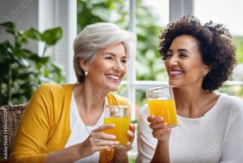 Happy positive Wife and Aunt drinking apple juice in conservatory, holding glasses, keeping healthy hydration, diet, lifestyle, . Caring for family health, wellbeing