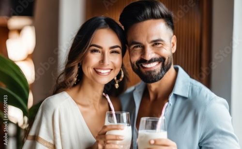 Happy positive Wife and Husband drinking coconut water in foyer, holding glasses, keeping healthy hydration, diet, lifestyle, ca . Caring for family health, wellbeing