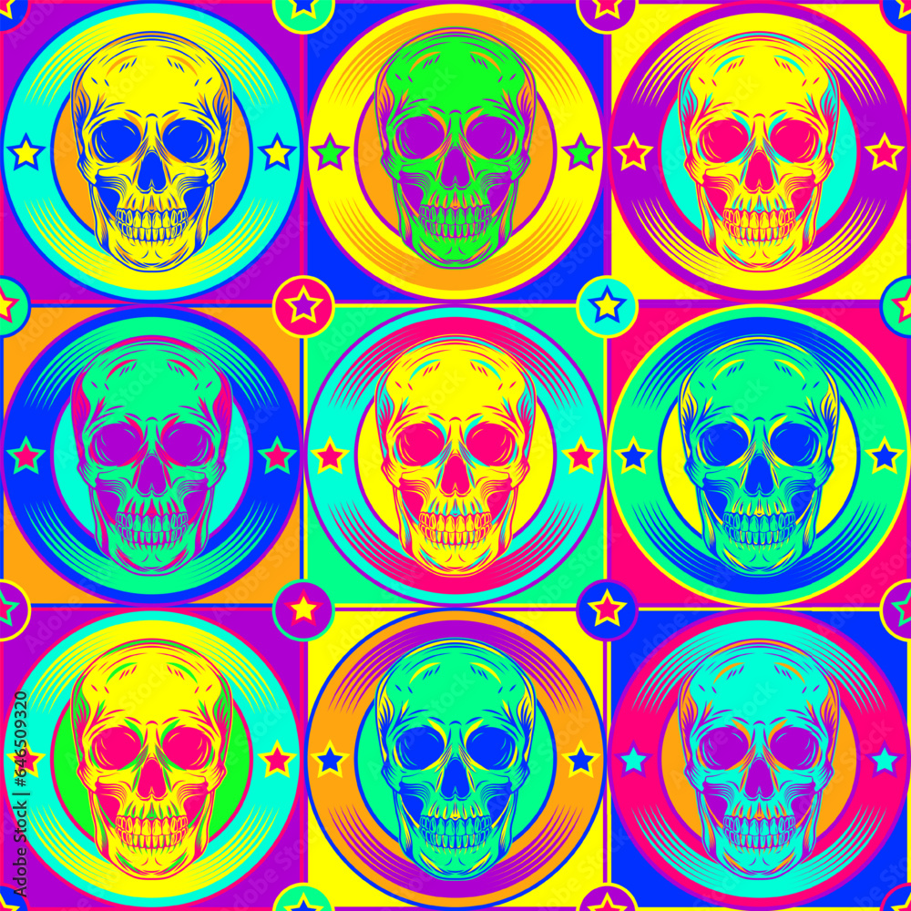 Pop art seamless pattern with circular labels with human skull, stars. Vintage inverted labels in fluorescent neon colors. Colorful bright illustration Pop art seamless pattern with circular labels with human skull, stars. Vintage inverted labels in fluorescent neon colors. Colorful bright illustration