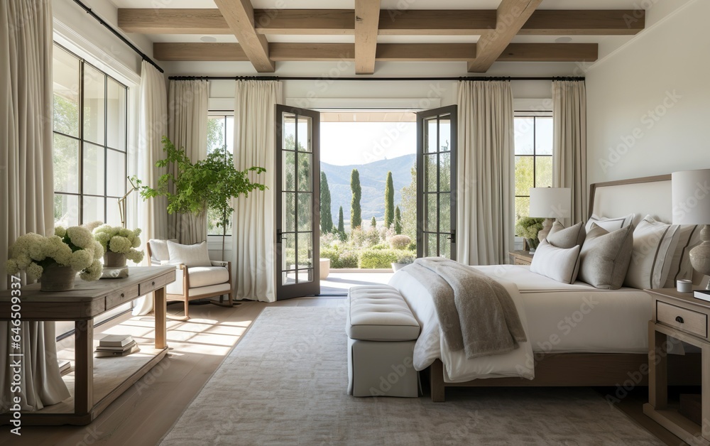 Fototapeta premium Rustic Modern Farmhouse interior design with hardwood floor and ceiling. Warm white bedroom with furnishings natural wooden tables, white curtains and armchairs, houseplants, contemporary style.