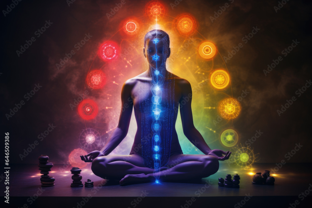 Person in Yoga Pose with Palms Up Surrounded by Colorful Chakra Symbols and Rainbow, Generative AI