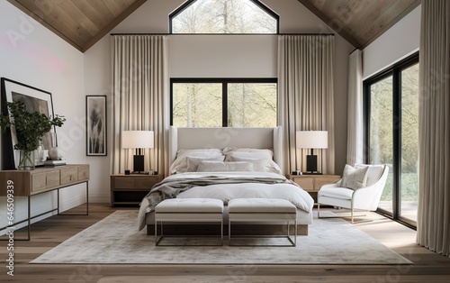 Rustic Modern Farmhouse interior design with hardwood floor and ceiling. Warm white bedroom with furnishings natural wooden tables, beige curtains and armchairs, contemporary style. © lanters_fla