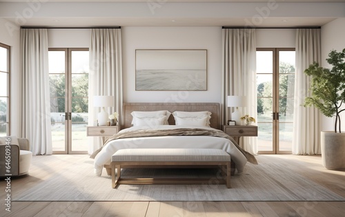 Modern Farmhouse interior design with hardwood floor and and beige carpet. Warm white bedroom with furnishings natural wooden tables, houseplants, contemporary style.