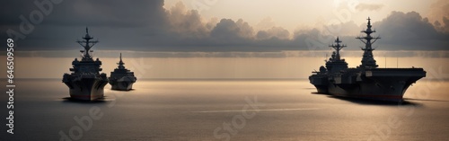 panoramic view of a generic military aircraft carrier ship with fighter jets take off. Nuclear ship Military navy war in sea or ocean carrier full loading fighter jet aircraft. Banner